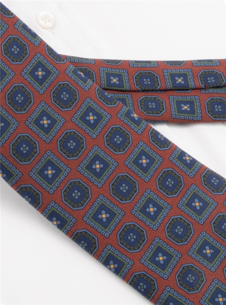 Silk Printed Medallion Motif Tie in Rust