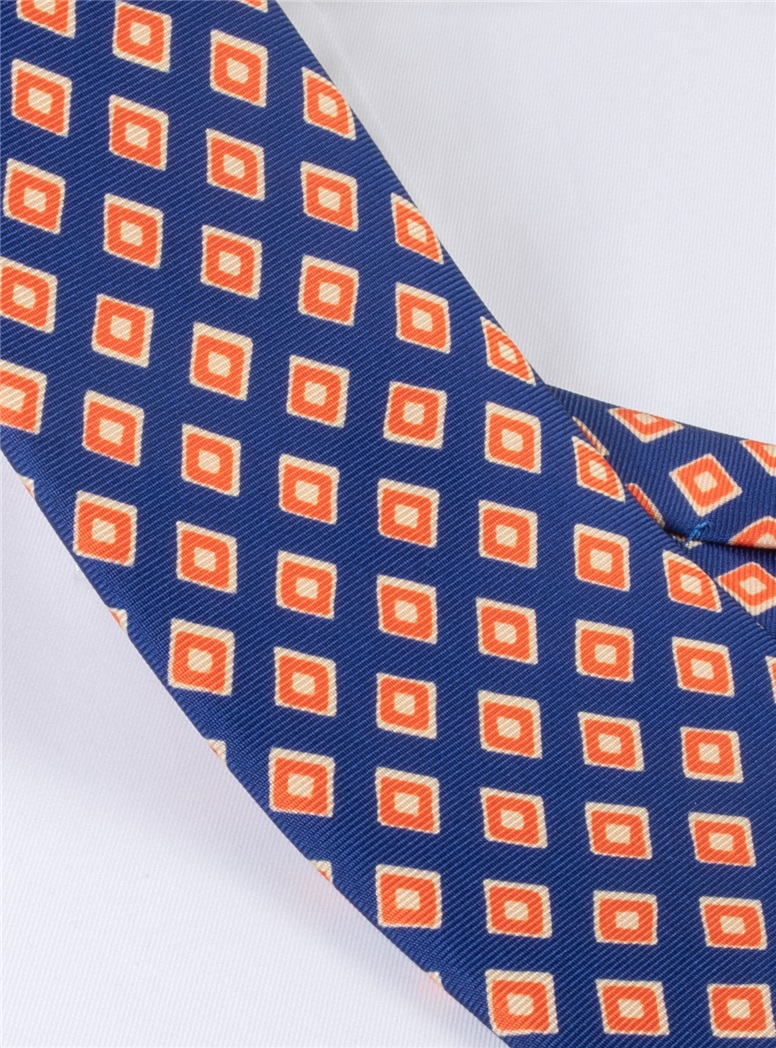 Silk Print Diamond Motif Tie in Navy