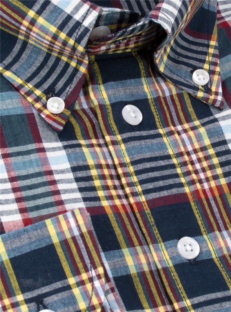 Navy, Burgundy, Gold & White Madras Button Down Shirt