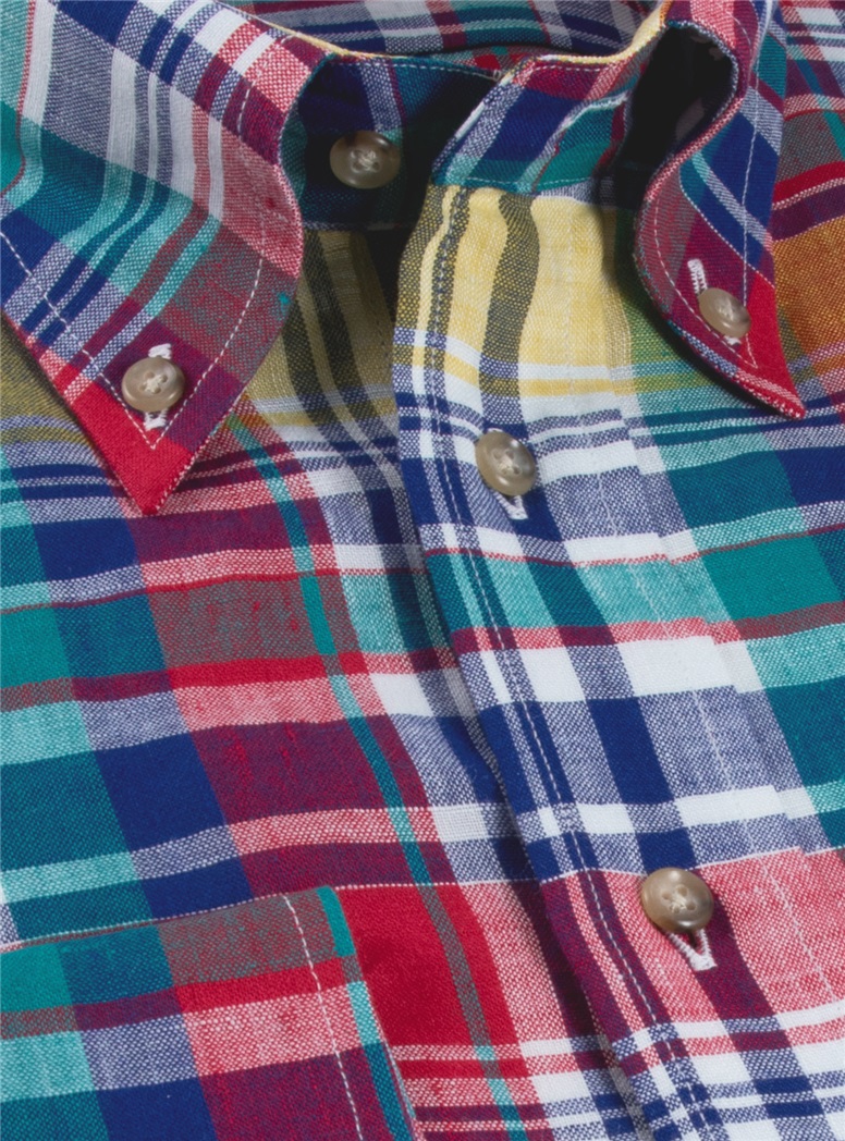 Fire, Regal Blue, and Butter Plaid Button Down in Linen