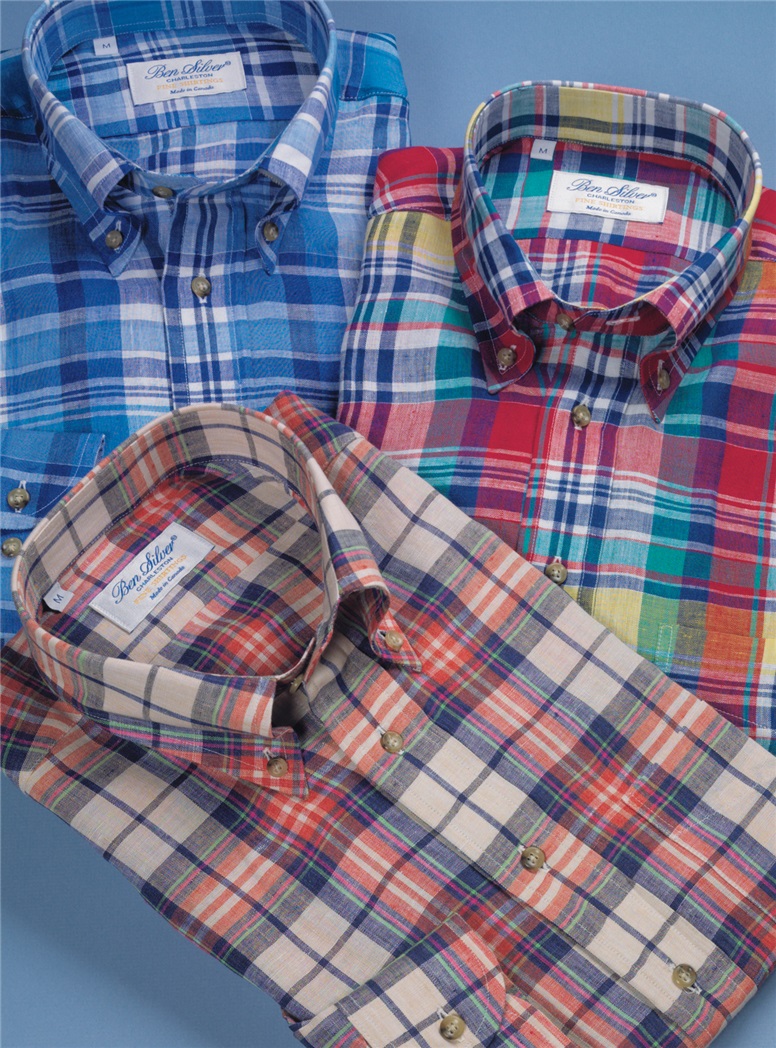 Fire, Regal Blue, and Butter Plaid Button Down in Linen