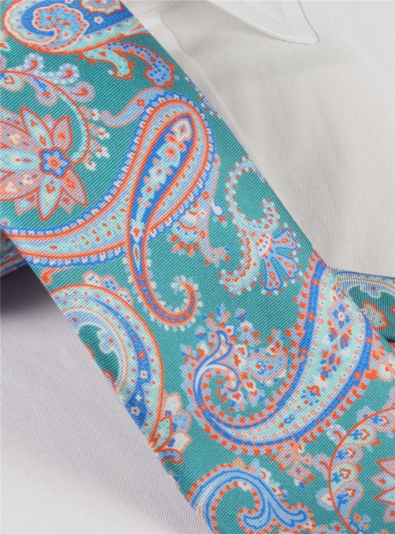 Silk Paisley Printed Tie in Teal