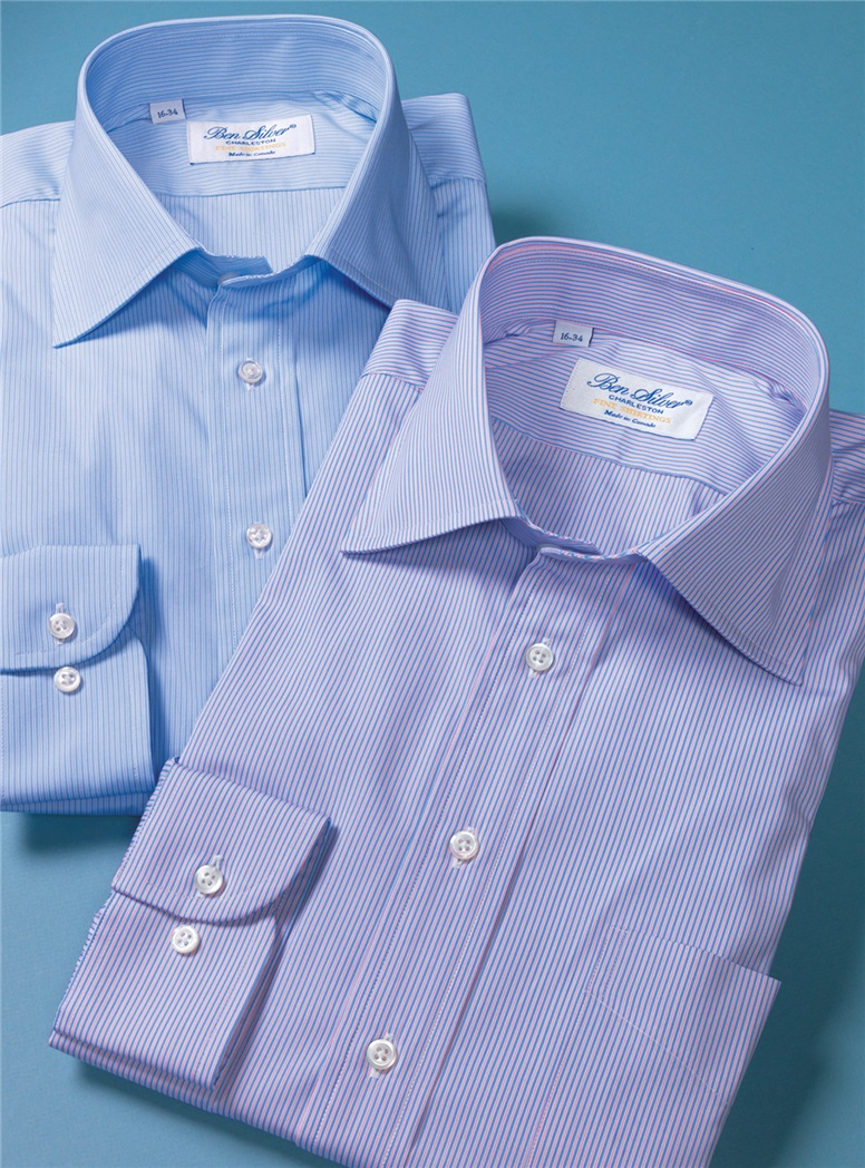Sky, Navy and White Thin Stripe Spread Collar