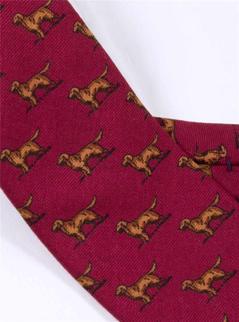 Wool Printed Golden Retriever Tie in Cranberry