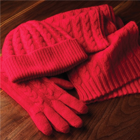 Cashmere Cable Knit Scarf, Cap and Gloves in Cardinal