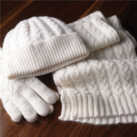 Cashmere Cable Knit Scarf, Cap and Gloves in White