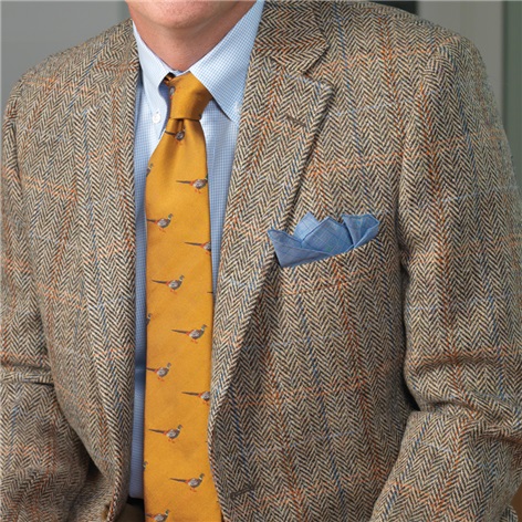 Brown Herringbone Harris Tweed Sport Coat with Blue and Orange Windowpanes