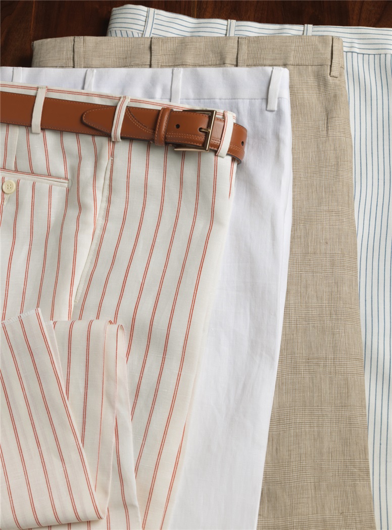 Sky and White Hairline Stripe Trousers in Wool and Linen