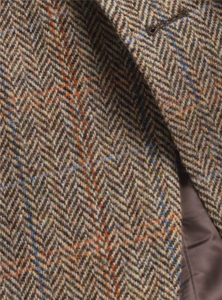 Brown Herringbone Harris Tweed Sport Coat with Blue and Orange Windowpanes