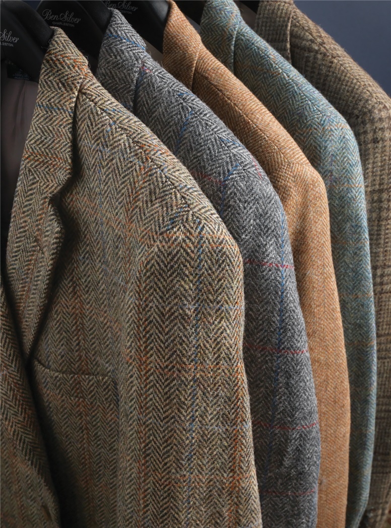 Brown Herringbone Harris Tweed Sport Coat with Blue and Orange Windowpanes