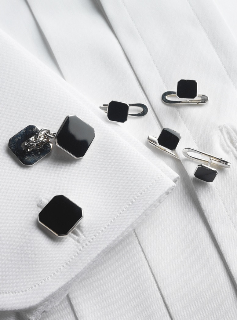 Sterling Silver Black Enameled Cufflink and Stud Sets