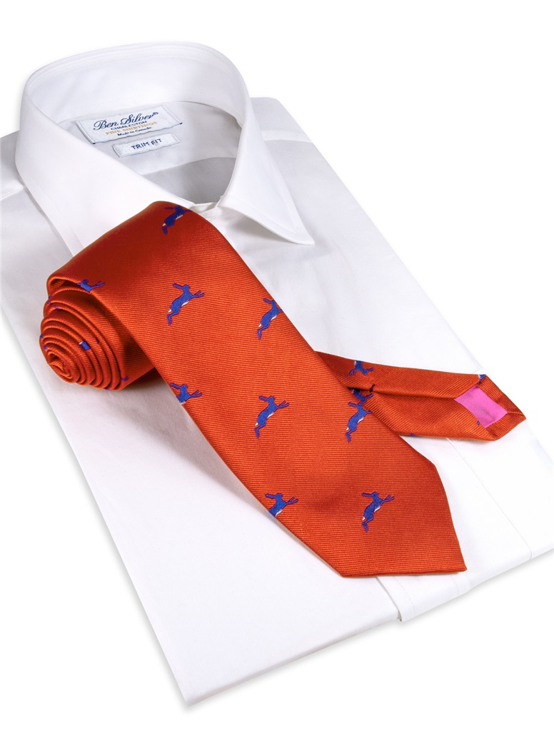 Jacquard Woven Hare Motif Tie in Tangerine