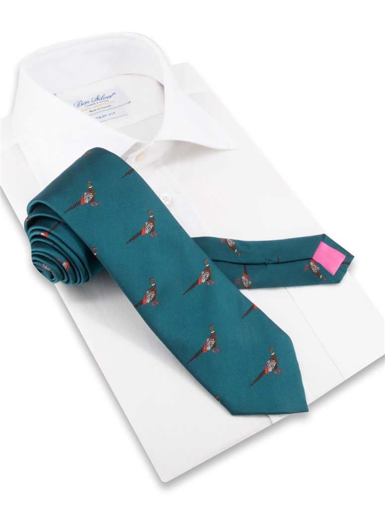 Silk Woven Pheasant Motif Tie in Teal