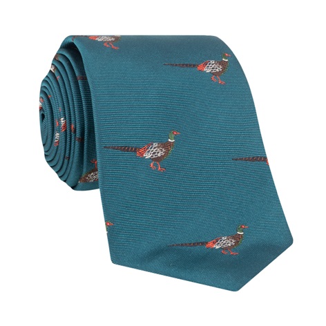 Silk Woven Pheasant Motif Tie in Teal