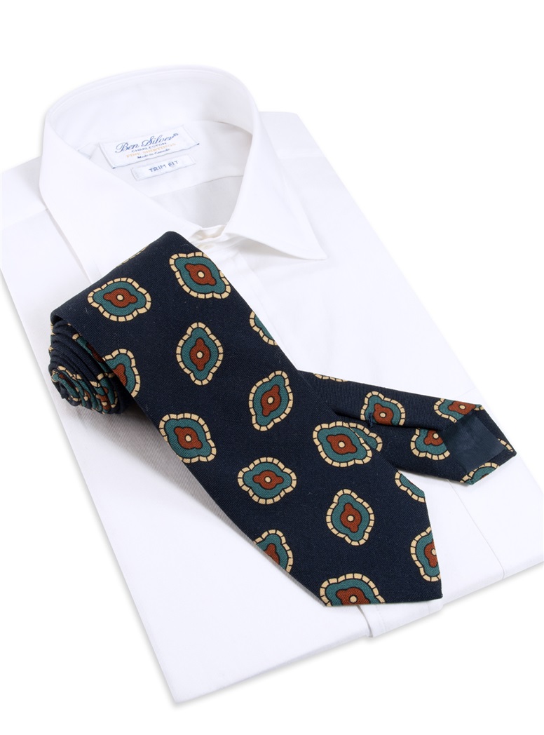 Wool Printed Tie in Navy Blue