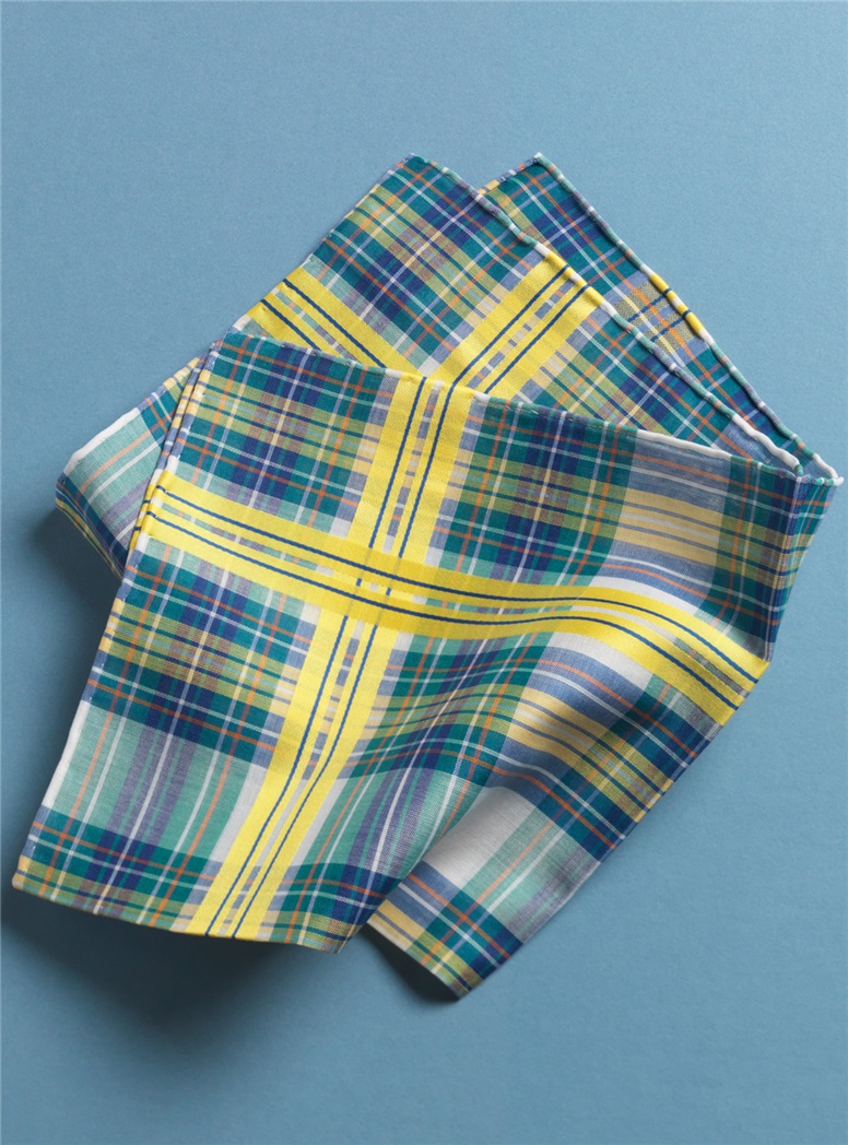 Blue, Green and Yellow Plaid Cotton Pocket Square