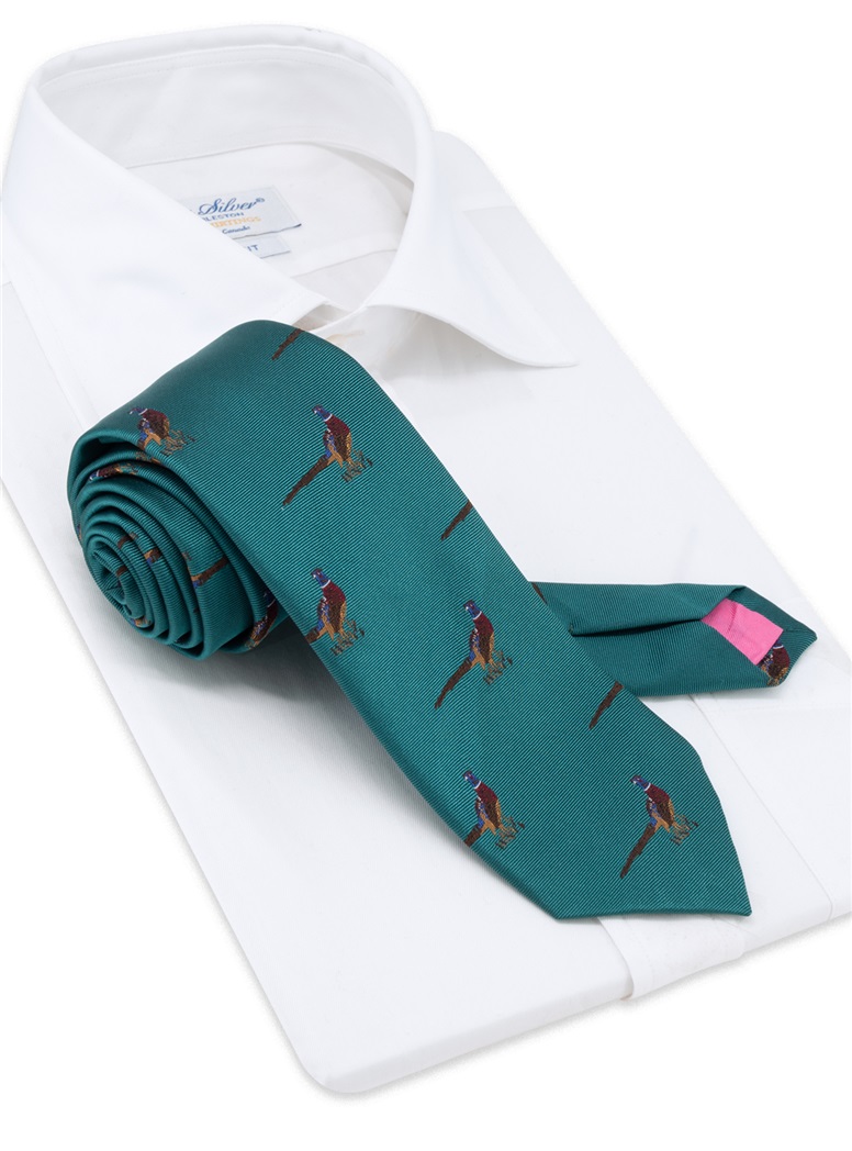 Silk Woven Pheasant Motif Tie in Teal