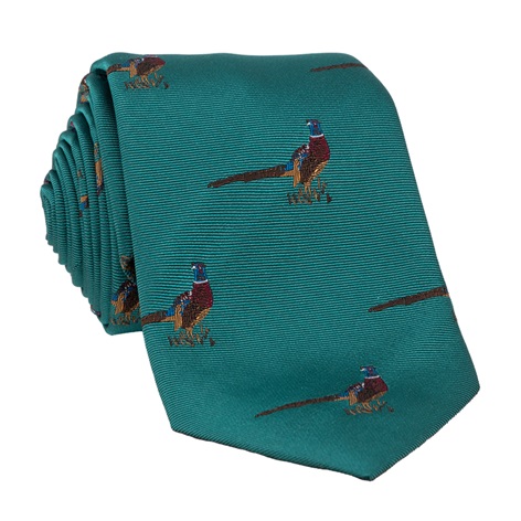 Silk Woven Pheasant Motif Tie in Teal
