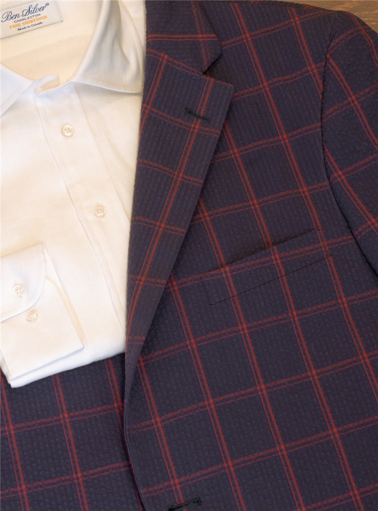 Navy Seersucker Sport Coat with Cranberry Windowpane