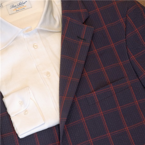 Navy Seersucker Sport Coat with Cranberry Windowpane