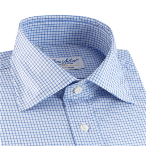 Light Blue & White Grid Check Twill Spread Collar