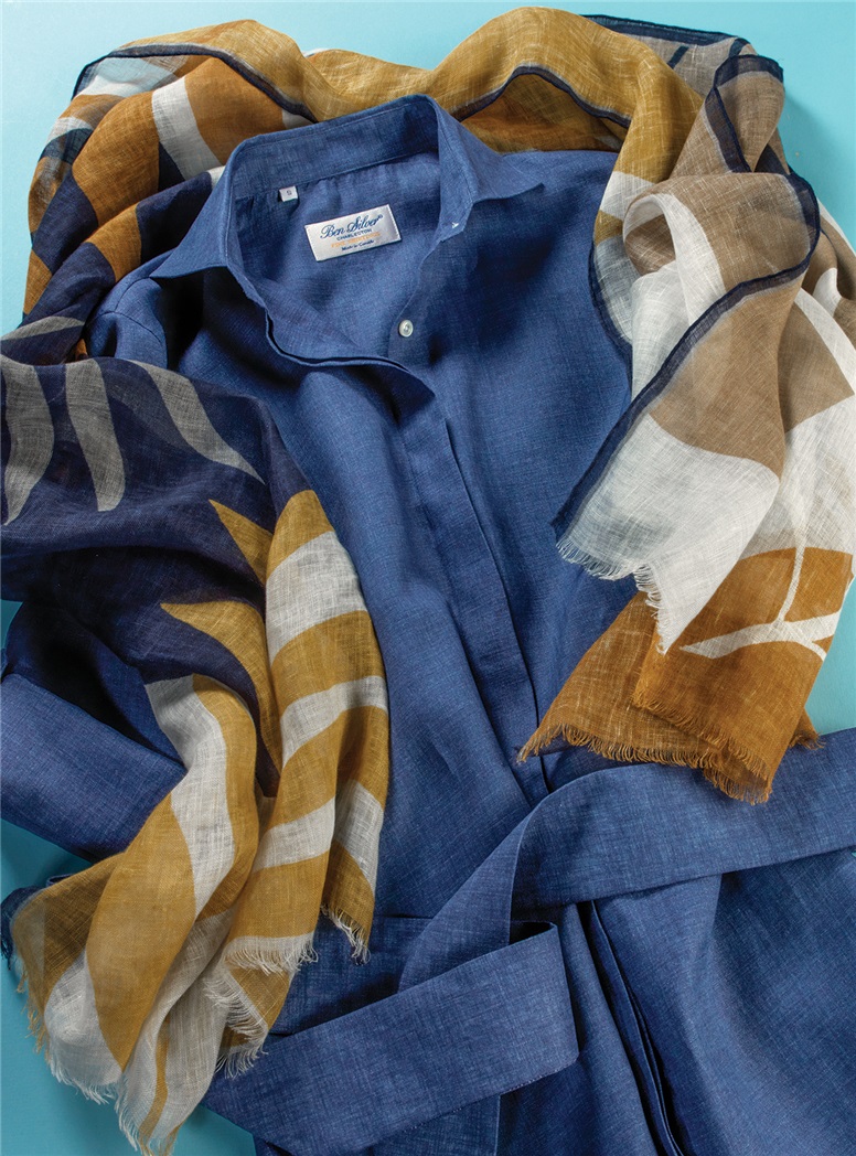 Linen Palm Print Scarf in Navy & Amber