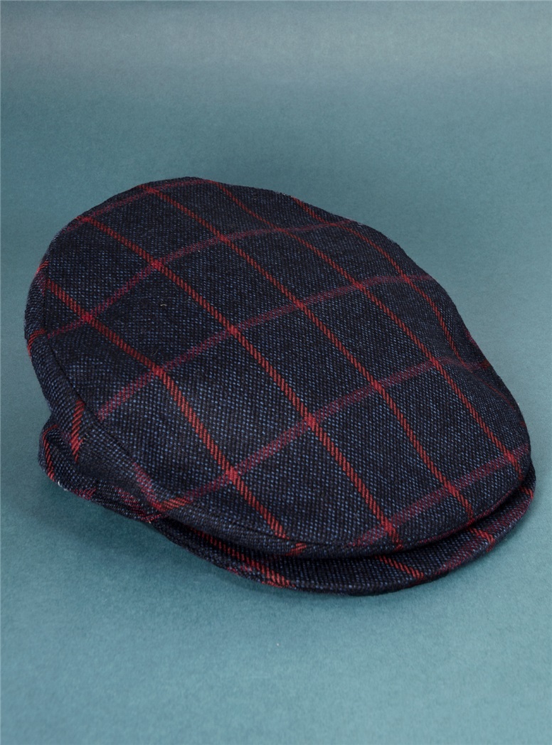 Wool Helmsley Cap in Navy and Red Windowpane