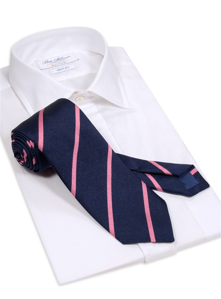 Silk Bar Striped Tie in Navy with Rose
