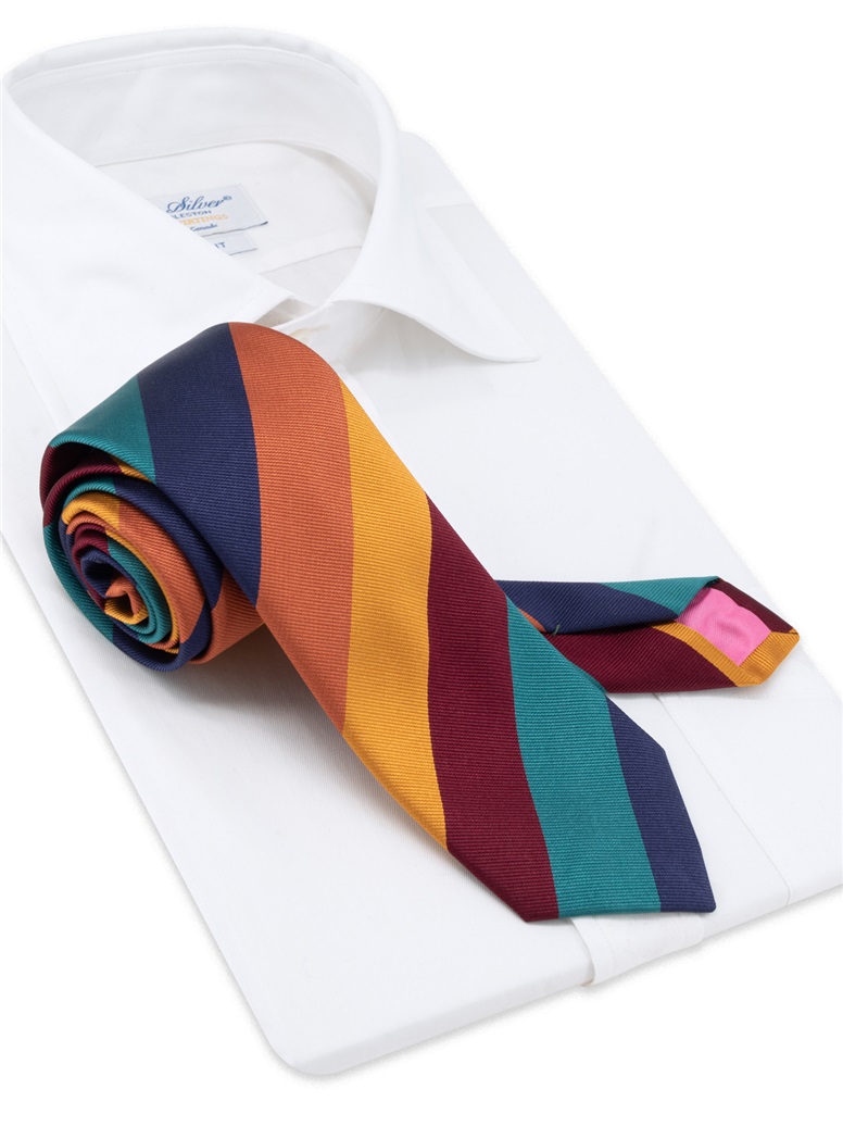 Silk Block Striped Tie in Teal, Sienna, and Gold