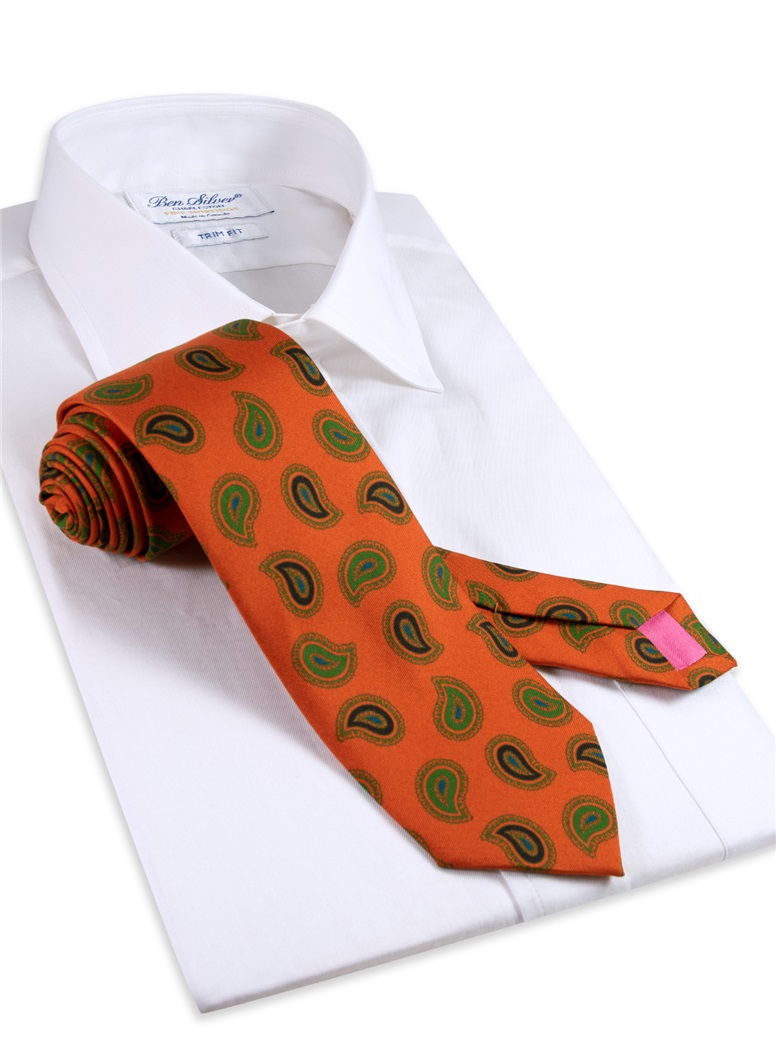Silk Paisley Printed Tie in Tangerine