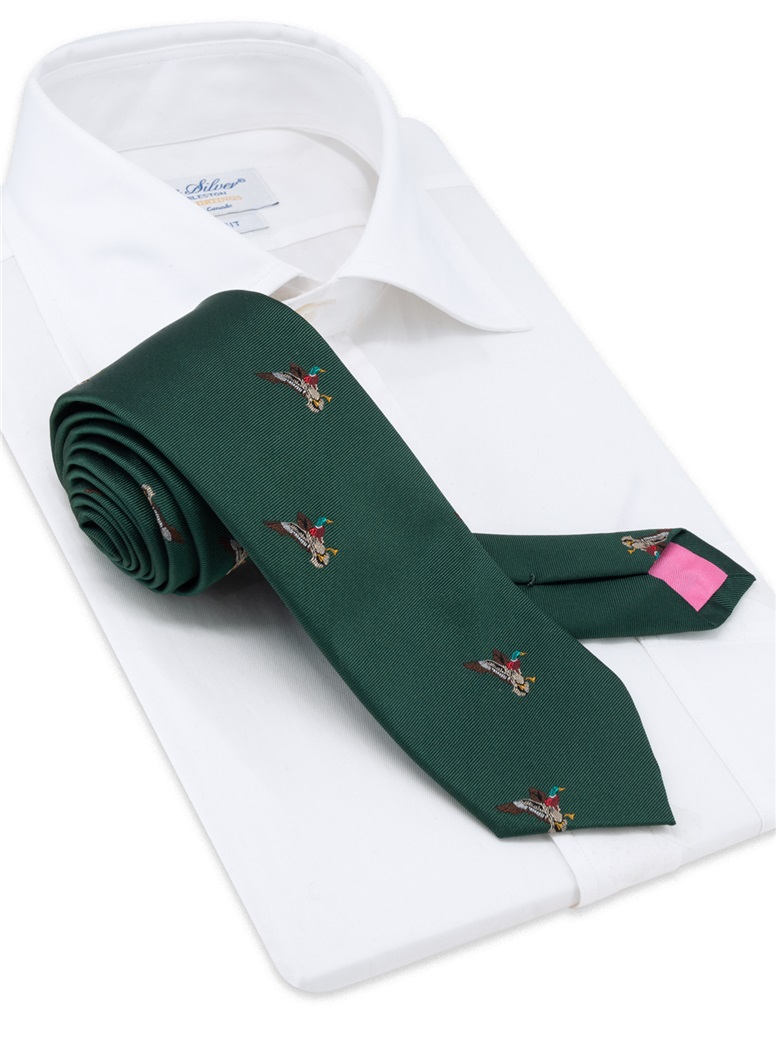 Silk Woven Duck Motif Tie in Hunter
