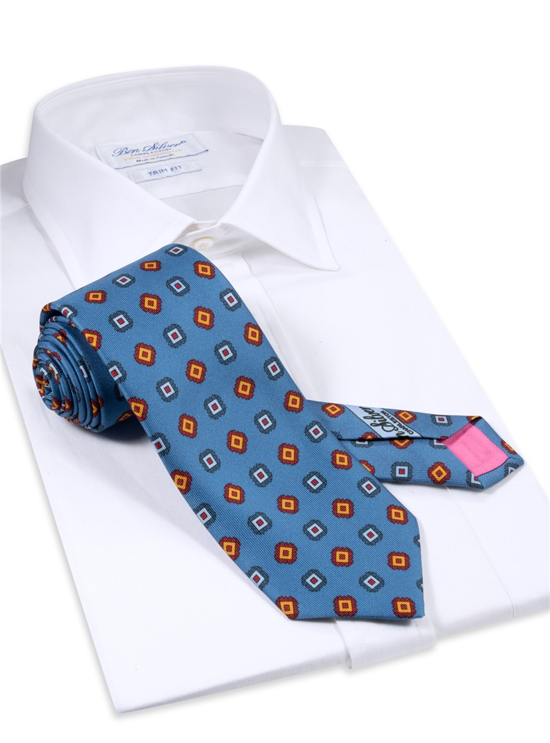 Silk Printed Square Motif Tie in Azure
