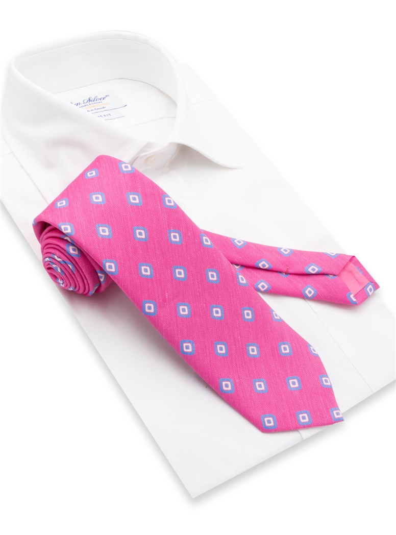 Silk and Linen Diamond Printed Tie in Azalea