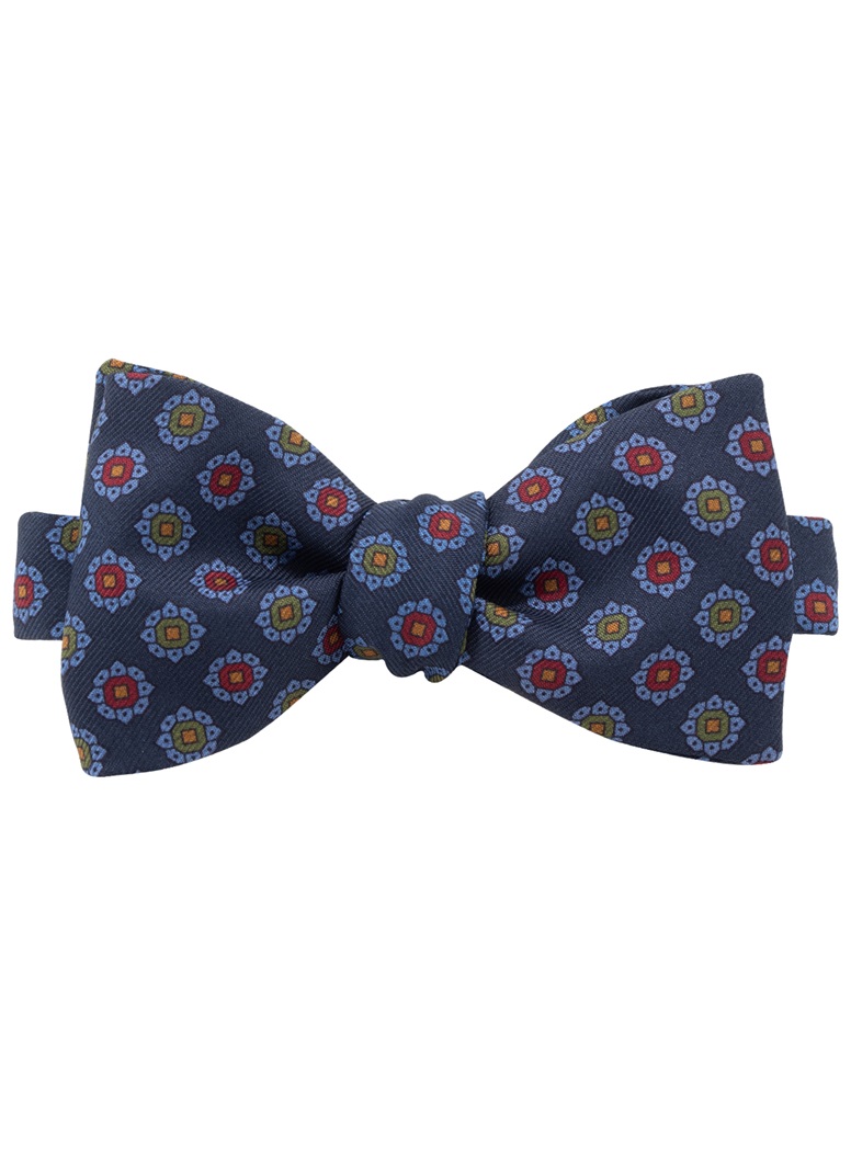 Printed Silk Bow Tie in Navy