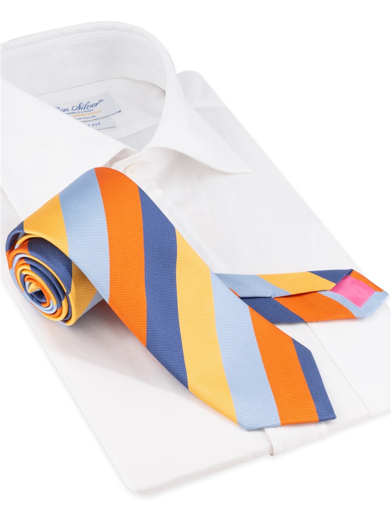 Silk Block Striped Tie in Copper and Storm Blue