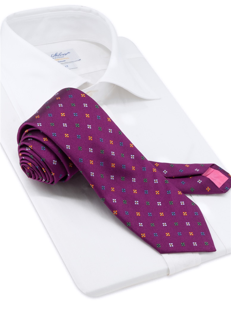Silk Neat Print Woven Tie in Raspberry