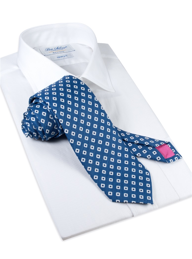 Silk and Linen Square Motif Printed Tie in Denim