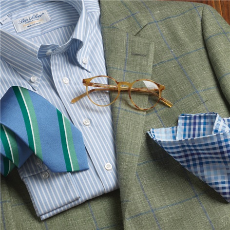 Wool, Silk & Linen Sport Coat in Olive with Blue Windowpane