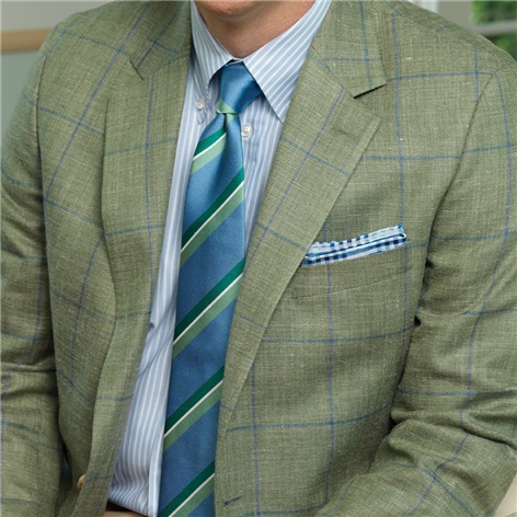 Wool, Silk & Linen Sport Coat in Olive with Blue Windowpane