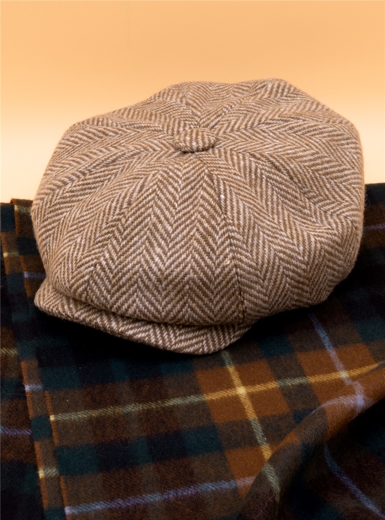 Wool Camel and Cream Herringbone Motoring Cap