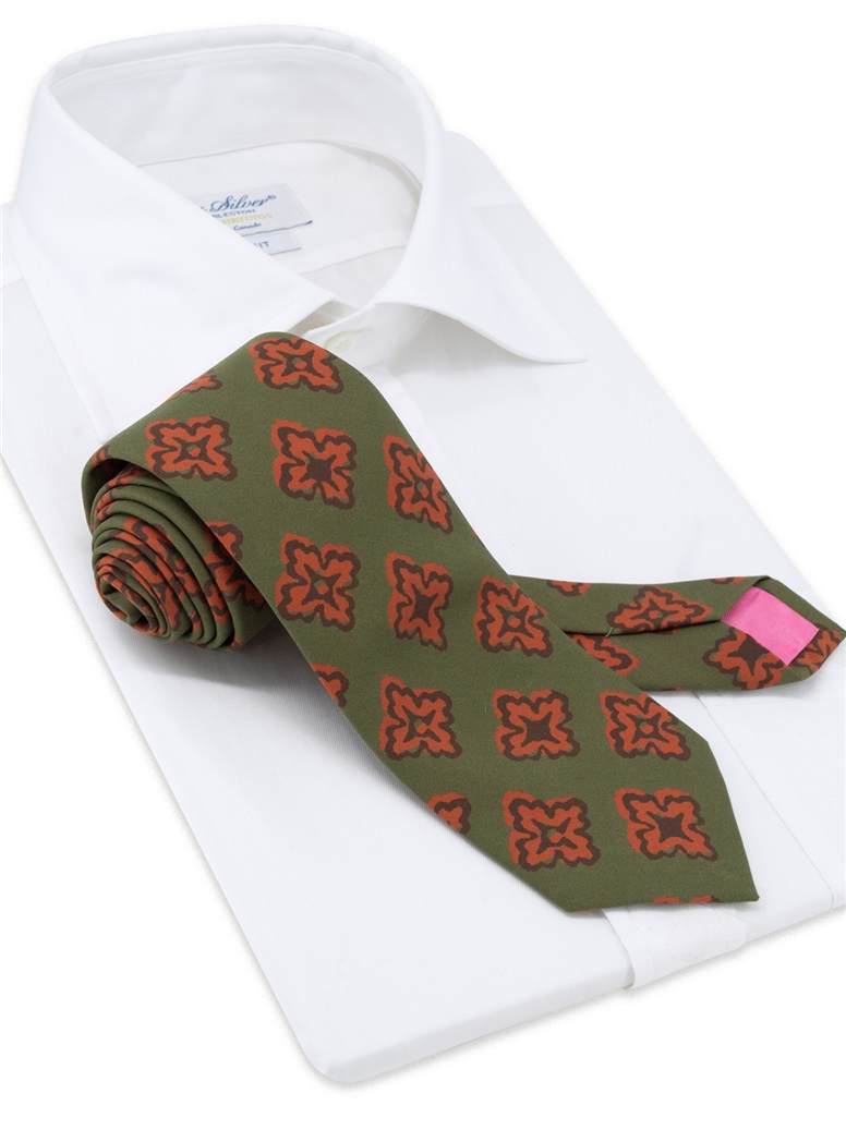 Silk Printed Medallion Motif Tie in Fern