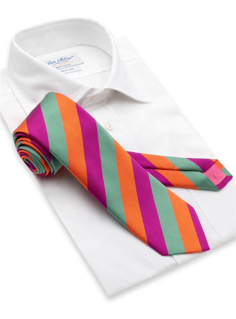 Silk Block Striped Tie in Sage and Magenta