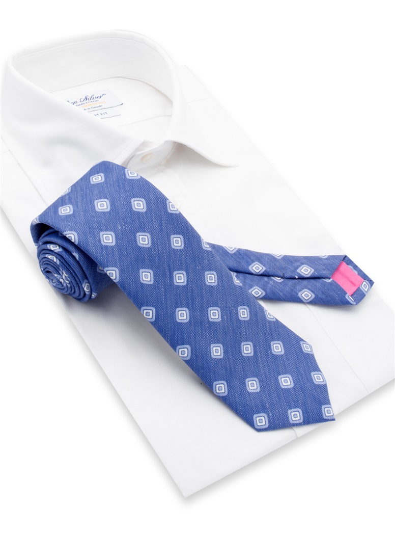 Silk and Linen Diamond Printed Tie in Denim