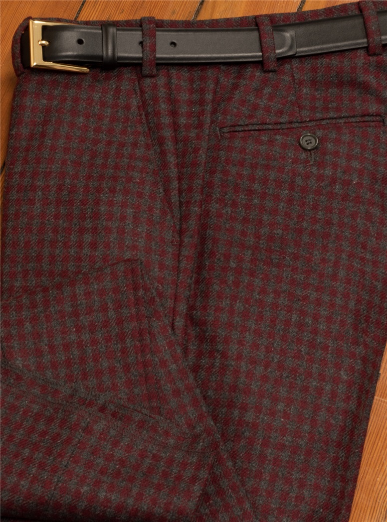 Burgundy and Grey Check Flannel Trouser in Plain Front