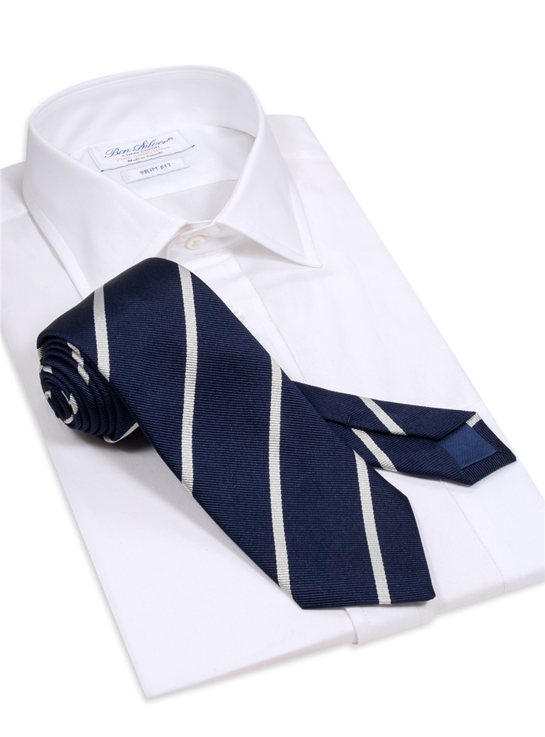 Silk Bar Striped Tie in Navy Blue with White - The Ben Silver Collection