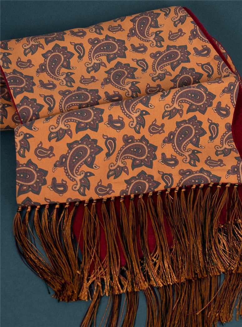 Silk Paisley Printed Scarf in Copper with Cranberry Cashmere Reverse