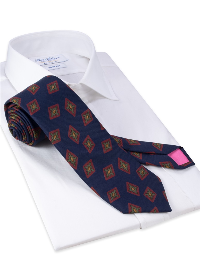 Silk Printed Diamond Motif Tie in Navy