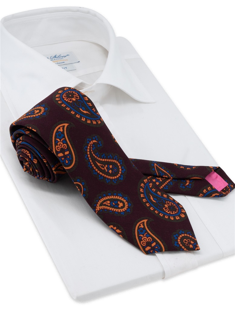 Wool Large Printed Paisley Tie in Burgundy