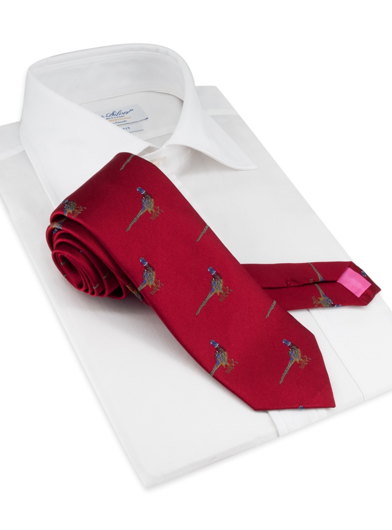 Silk Woven Pheasant Motif Tie in Crimson