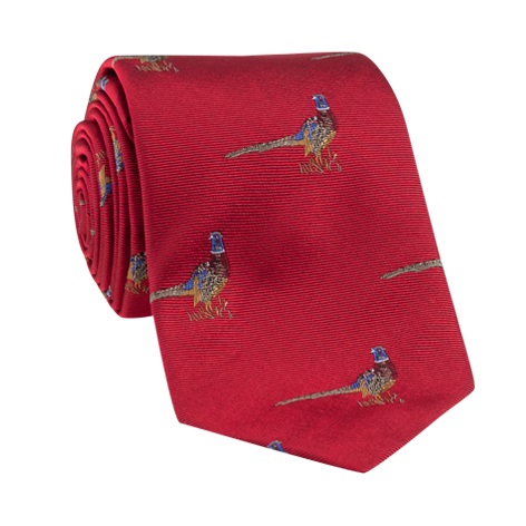 Silk Woven Pheasant Motif Tie in Crimson
